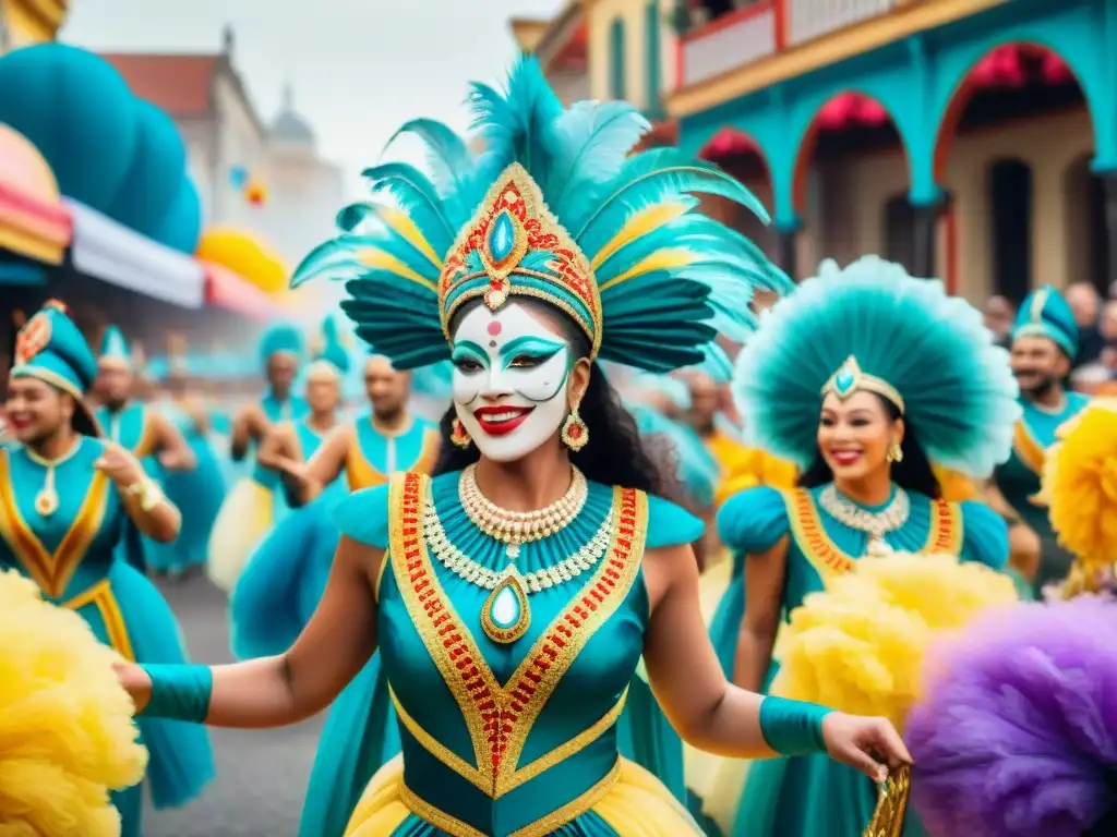 Desfile de Carnaval: Explosión de color y alegría Una vibrante ilustración acuarela del Carnaval, con elección de tonos en trajes y desfiles festivos