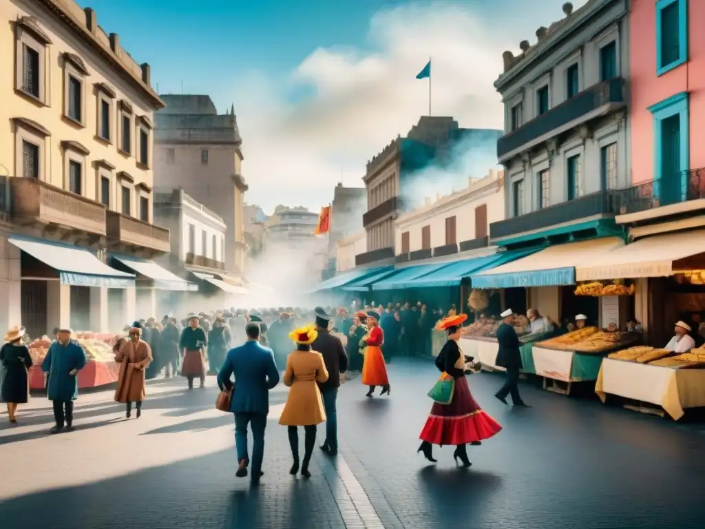 Colorida calle de carnaval en Uruguay: asado, empanadas y chivitos Un vibrante Carnaval en Uruguay con emprendimientos gastronómicos y danzas folclóricas