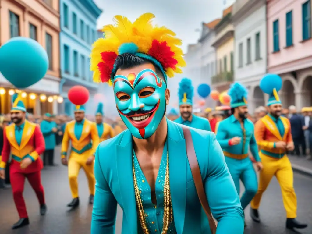 Carnaval en Uruguay: desfile colorido y alegre Vibrante Carnaval en Uruguay con humoristas uruguayos en escenas festivas y críticas