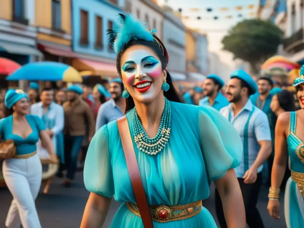 Carnaval de Montevideo: alegría y colorido en Uruguay Vibrante ilustración acuarela del Carnaval de Montevideo con humoristas uruguayos, desfiles coloridos y espectadores felices