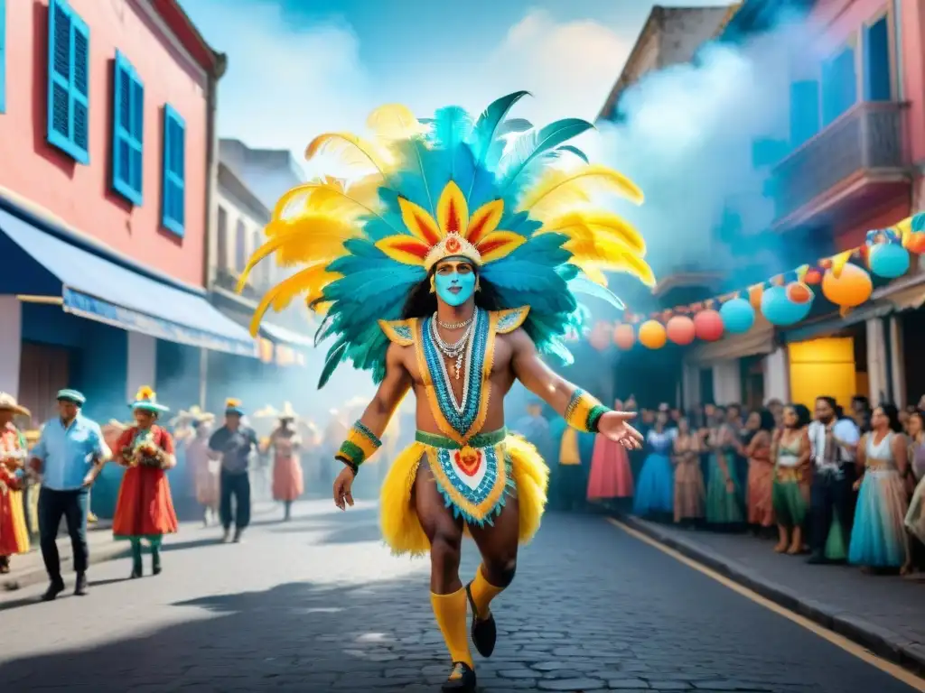 Desfile ecológico en Carnaval uruguayo Un vibrante Carnaval en Uruguay con impacto ambiental positivo, desfile colorido y música tradicional