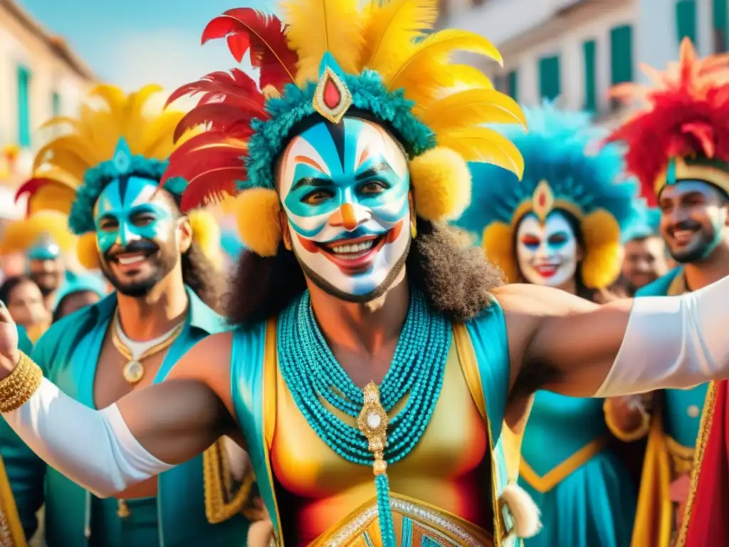 Carnaval uruguayo: influencers y colorido Un vibrante Carnaval de Uruguay con influencers en trajes coloridos captura la esencia de las redes sociales