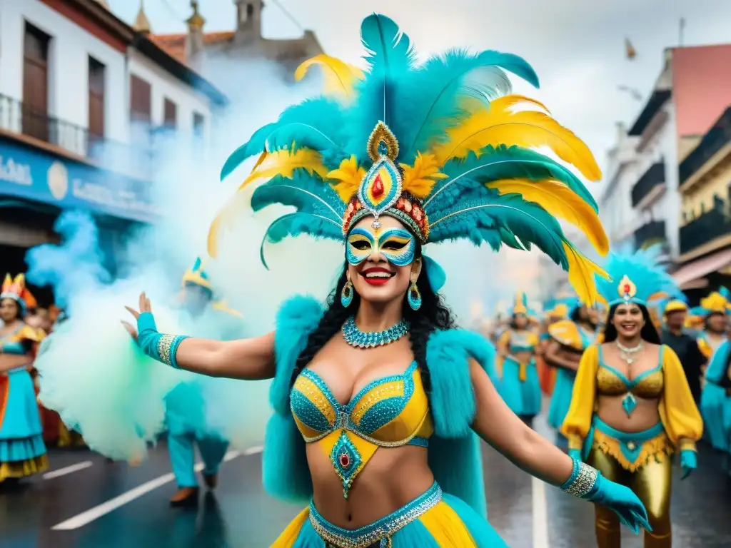Carnaval vibrante en Uruguay: detallada ilustración acuarela Una vibrante procesión de Carnaval en Uruguay con influencia religiosa, trajes coloridos y música festiva en las calles