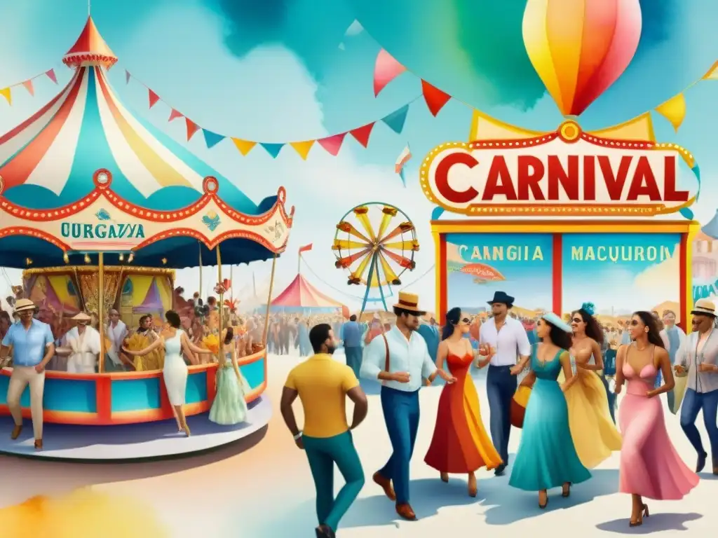 Deslumbrante carnaval uruguayo: colores, danzas y revistas Vibrante ilustración acuarela del Carnaval en Uruguay con influencia de revistas