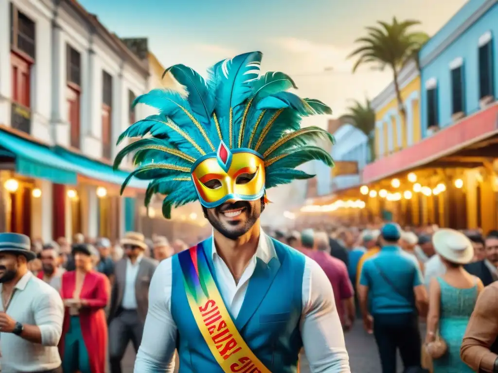 Carnaval en Uruguay: Colorida celebración con bailes y máscaras Vibrante ilustración acuarela de Carnaval en Uruguay con máscaras, streamers y arquitectura icónica