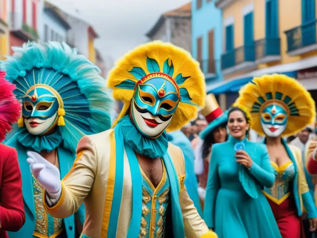 Desfile de Carnaval en Uruguay: colorido y alegría Un vibrante Carnaval en Uruguay con máscaras y trajes coloridos, murgas y edificios coloniales