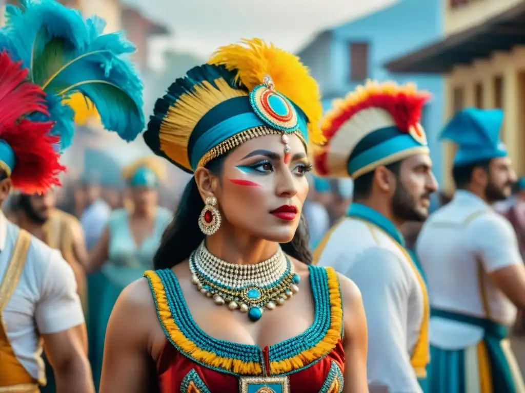 Vibrante Carnaval en pintura acuarela 8k de pueblo costero de Uruguay Vibrante Carnaval en Uruguay: bailarines, música y los mejores hoteles para Carnaval Uruguayo