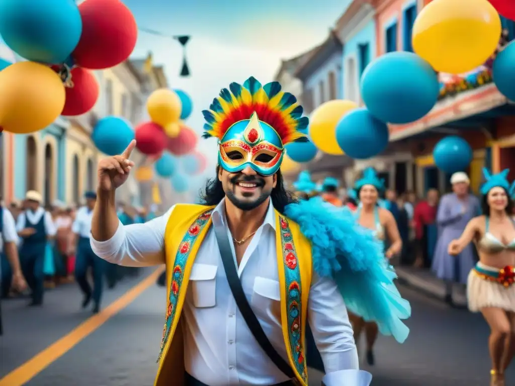Carnaval en Uruguay: pintura acuarela de calle vibrante Un vibrante Carnaval en Uruguay con Merchandising oficial del Carnaval Uruguayo