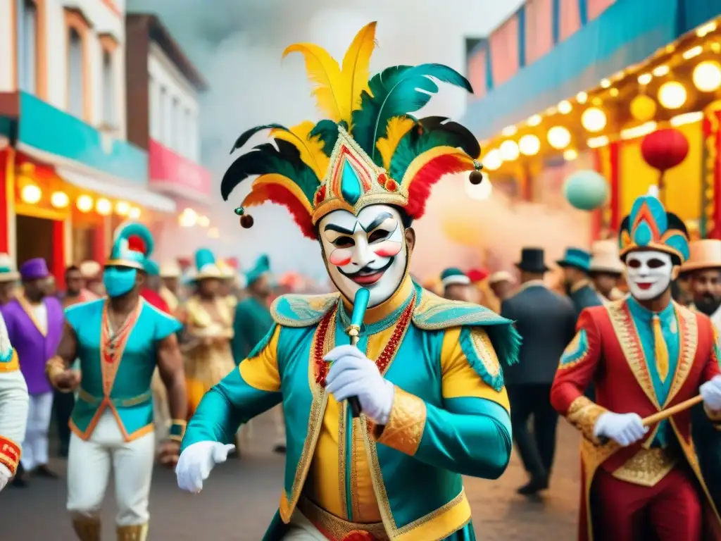 Colorida celebración de murgas en el carnaval Vibrante Carnaval con murgas en la calle, color y energía festiva