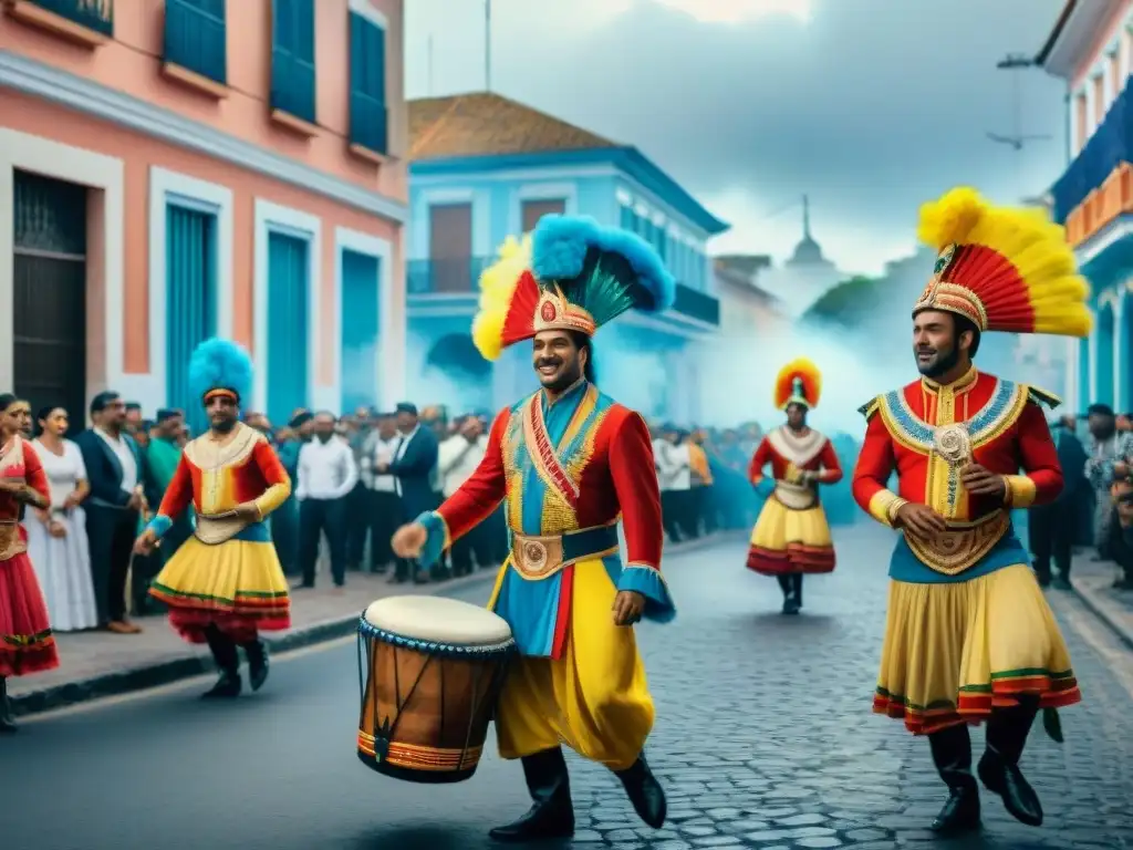 Carnaval en Uruguay: Candombe y alegría en la ciudad Un vibrante Carnaval en Uruguay con músicos de candombe y bailarines en trajes coloridos, rodeados de edificios coloniales y decoraciones festivas