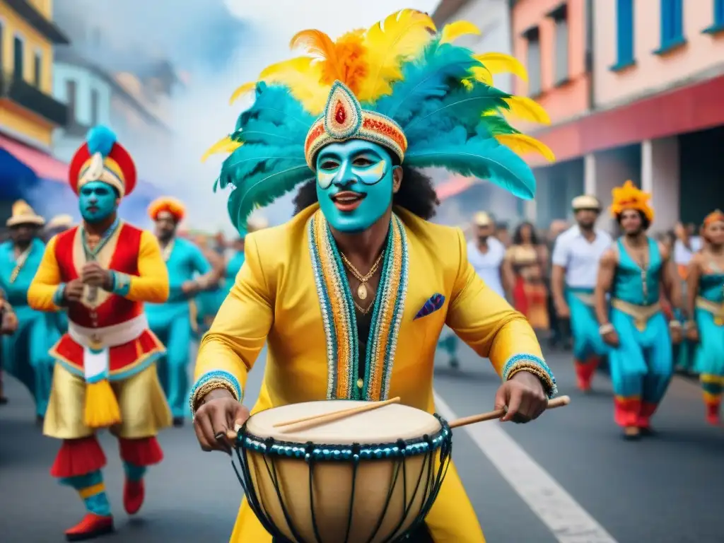 Carnaval en Uruguay: vibrante desfile de músicos y danzantes Una ilustración acuarela vibrante del Carnaval en Uruguay con músicos y sus Instrumentos típicos Carnaval Uruguayo