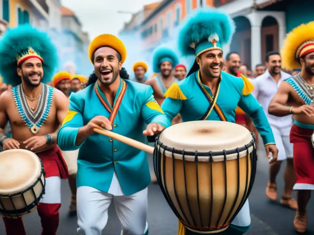 Candombe en Carnaval: Músicos y danzas uruguayas Un vibrante Carnaval con músicos tocando tambores en un desfile, rodeados de gente bailando en trajes coloridos
