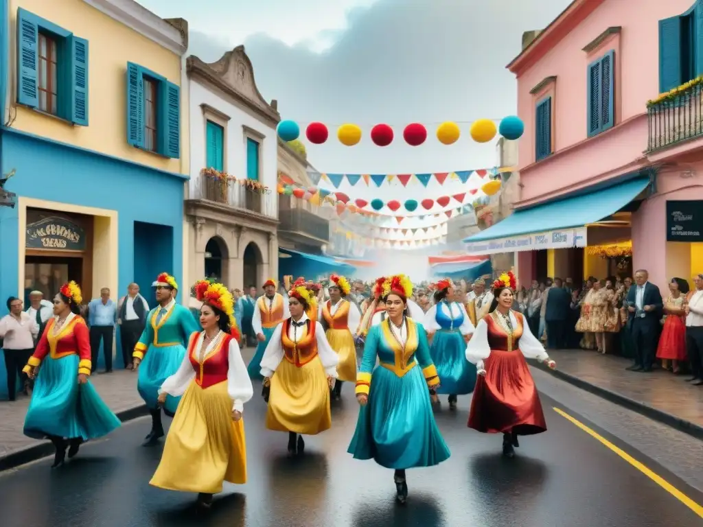 Vibrante Carnaval en Uruguay: pintura acuarela de escena callejera Un vibrante Carnaval en Uruguay con negocios tradicionales y coloridas celebraciones