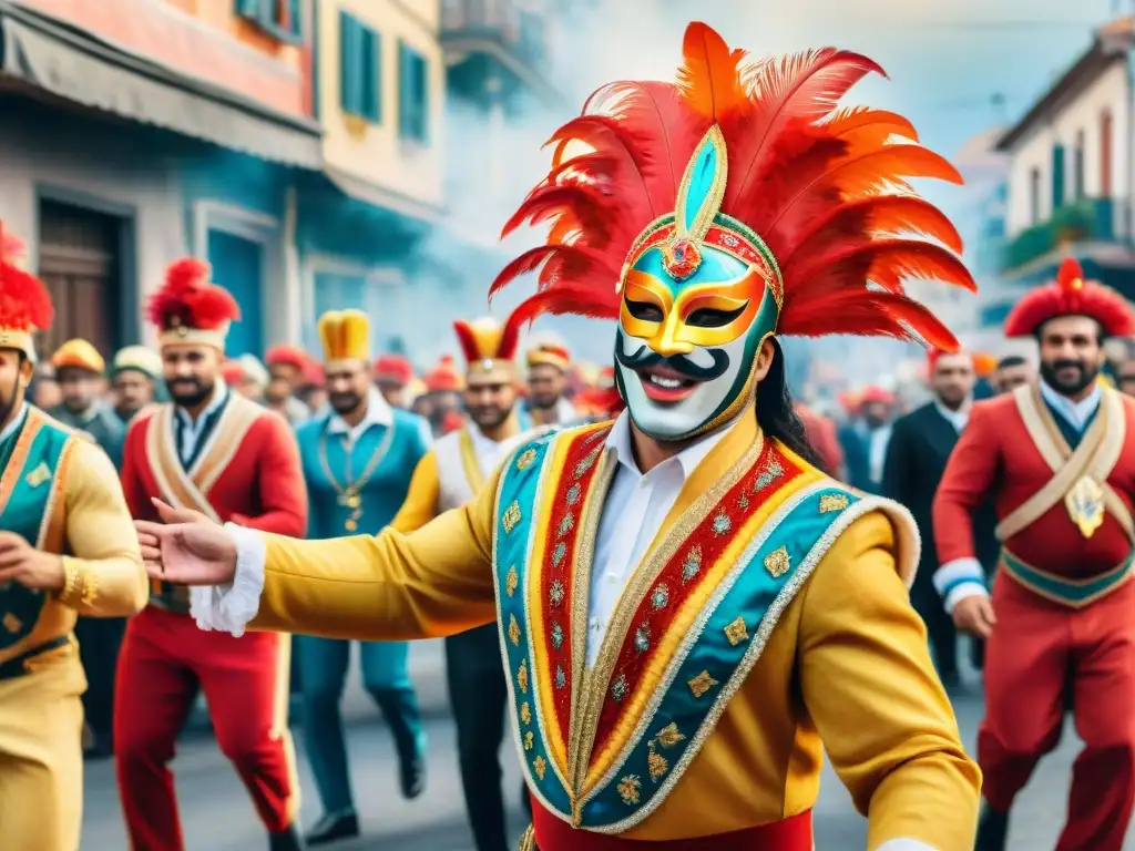 Vibrante Carnaval en Uruguay: Celebración en Acuarela Vibrante ilustración acuarela del Carnaval en Uruguay 2021 con paquetes de Carnaval Uruguayo 2021
