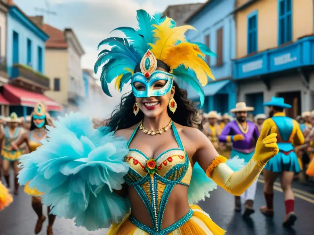 Deslumbrante Carnaval en Uruguay: Colorida celebración en acuarela Vibrante Carnaval en Uruguay con personas en trajes coloridos y máscaras, desfilando al ritmo de la música tradicional
