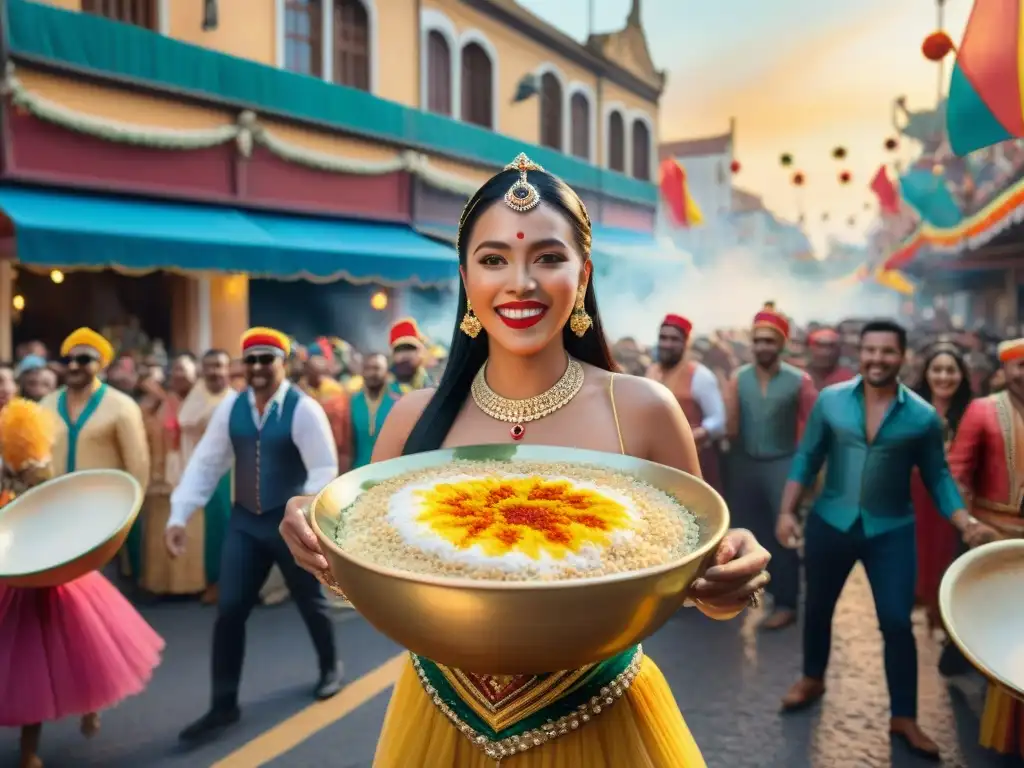 Pintura acuarela del vibrante Carnaval con bailarines y música festiva Vibrante Carnaval con receta arroz con leche: desfile colorido, bailarines alegres y confeti en el cielo al atardecer festivo