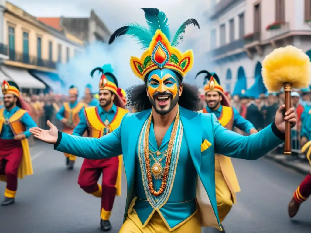 Deslumbrante Carnaval en Uruguay: Detalles vibrantes de la fiesta cultural Vibrante ilustración acuarela del Carnaval en Uruguay, muestra la riqueza cultural y los beneficios del patrocinio cultural