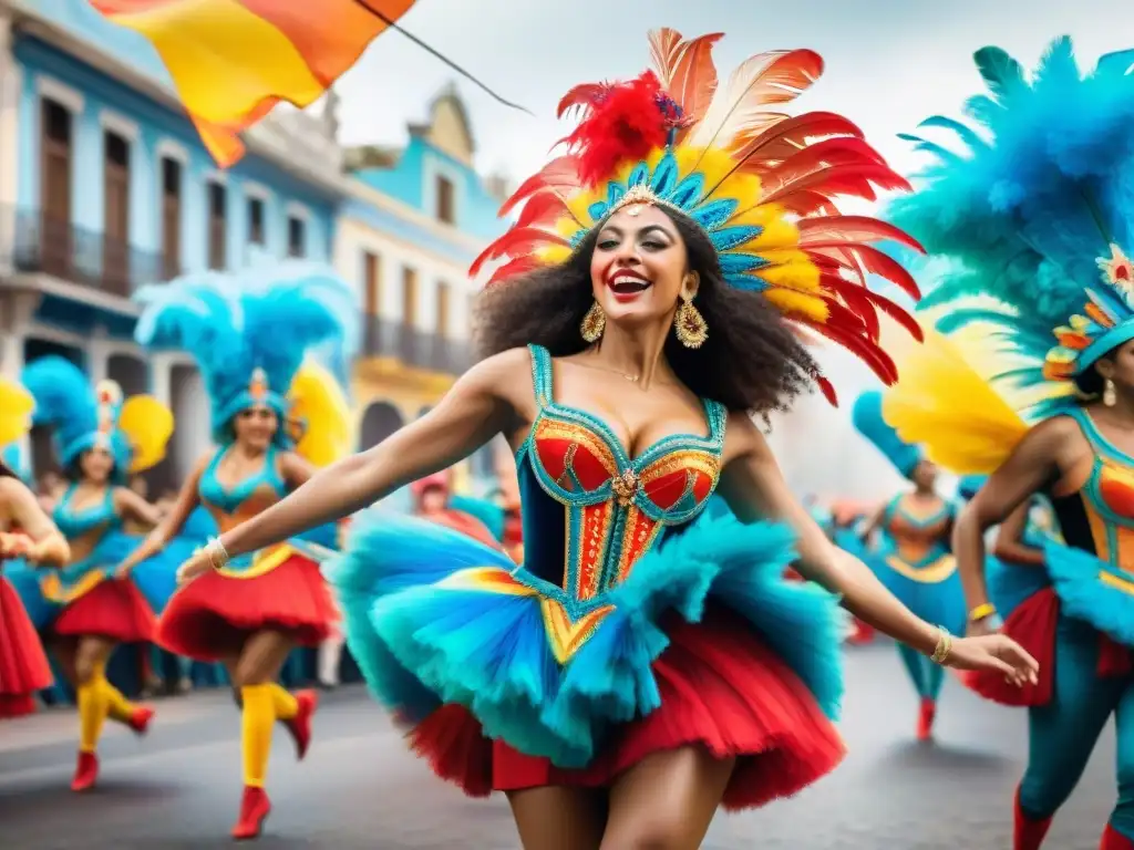 Baile apasionado en el carnaval uruguayo Un vibrante Carnaval en Uruguay con técnicas avanzadas de danza, colores y energía desbordante