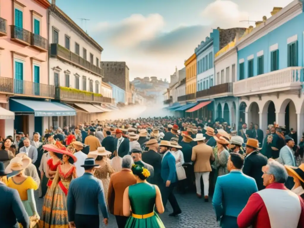 Vibrante calle de carnaval en Uruguay: ilustración acuarela detallada Un vibrante Carnaval en Uruguay: máscaras, trajes y tradición en las calles (Origen secreto Carnaval Uruguayo)