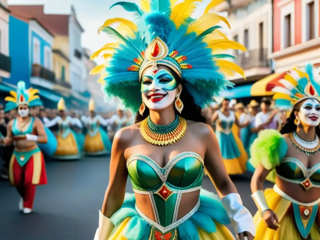 Desfile de Carnaval en Uruguay: trajes sostenibles y tradición Vibrante Carnaval en Uruguay con tradiciones sostenibles y coloridos trajes ecoamigables