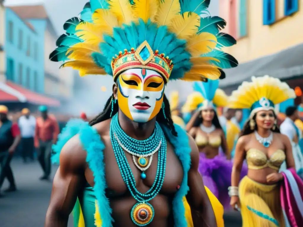 Carnaval en Uruguay: fusión de culturas africanas y uruguayas Celebración vibrante en Carnaval Uruguay con trajes africanos y música alegre