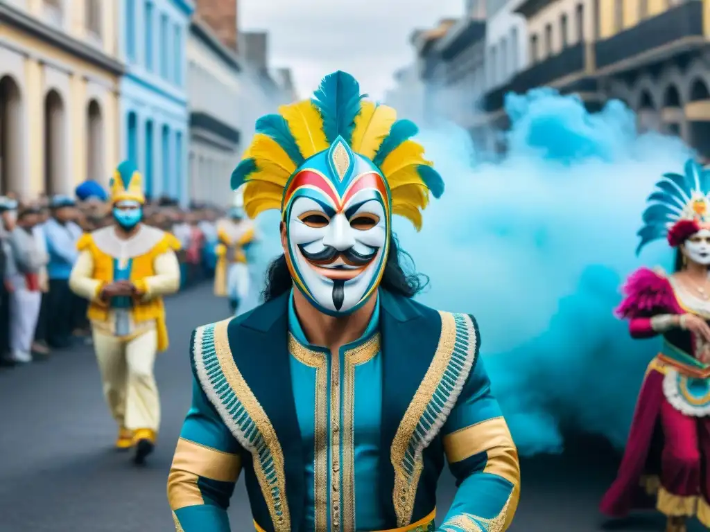 Deslumbrante Carnaval en Uruguay: ilustración detallada en acuarela 8k Vibrante Carnaval en Uruguay con trajes coloridos y desfiles festivos, reflejando el impacto social del Carnaval Uruguayo
