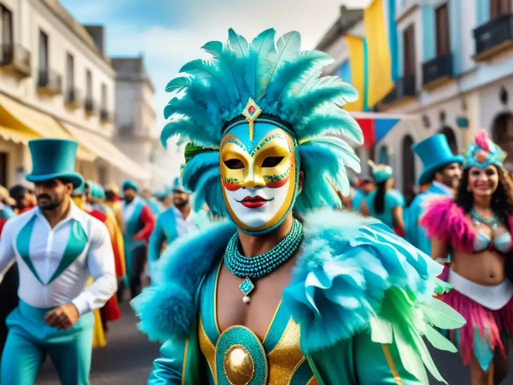 Desfile de Carnaval en Uruguay: color, música y alegría Vibrante Carnaval en Uruguay, con trajes coloridos, máscaras intrincadas y música animada