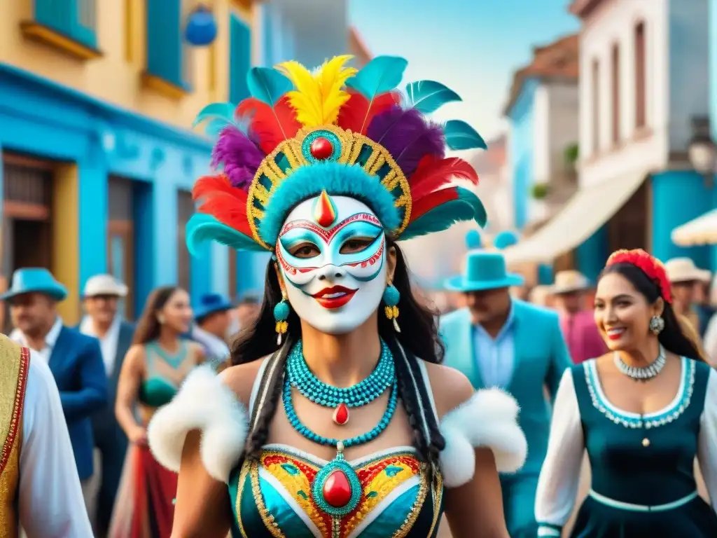 Pintura acuarela del Carnaval en Uruguay Vibrante Carnaval en Uruguay: trajes coloridos, máscaras y baile