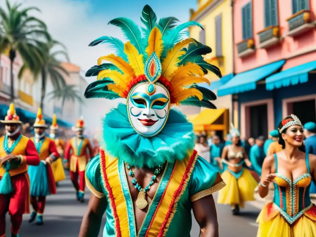 Deslumbrante Carnaval en Uruguay: coloridas tradiciones Vibrante Carnaval en Uruguay, con trajes coloridos y danzas dinámicas frente a edificios coloniales y palmeras, ilustrado con detalle y maestría