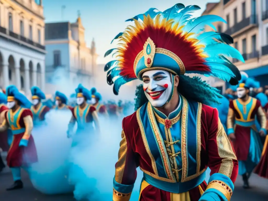 Deslumbrante Carnaval Uruguayo: alegría y colorido Una ilustración acuarela vibrante del Carnaval en Uruguay, con trajes coloridos y movimiento dinámico
