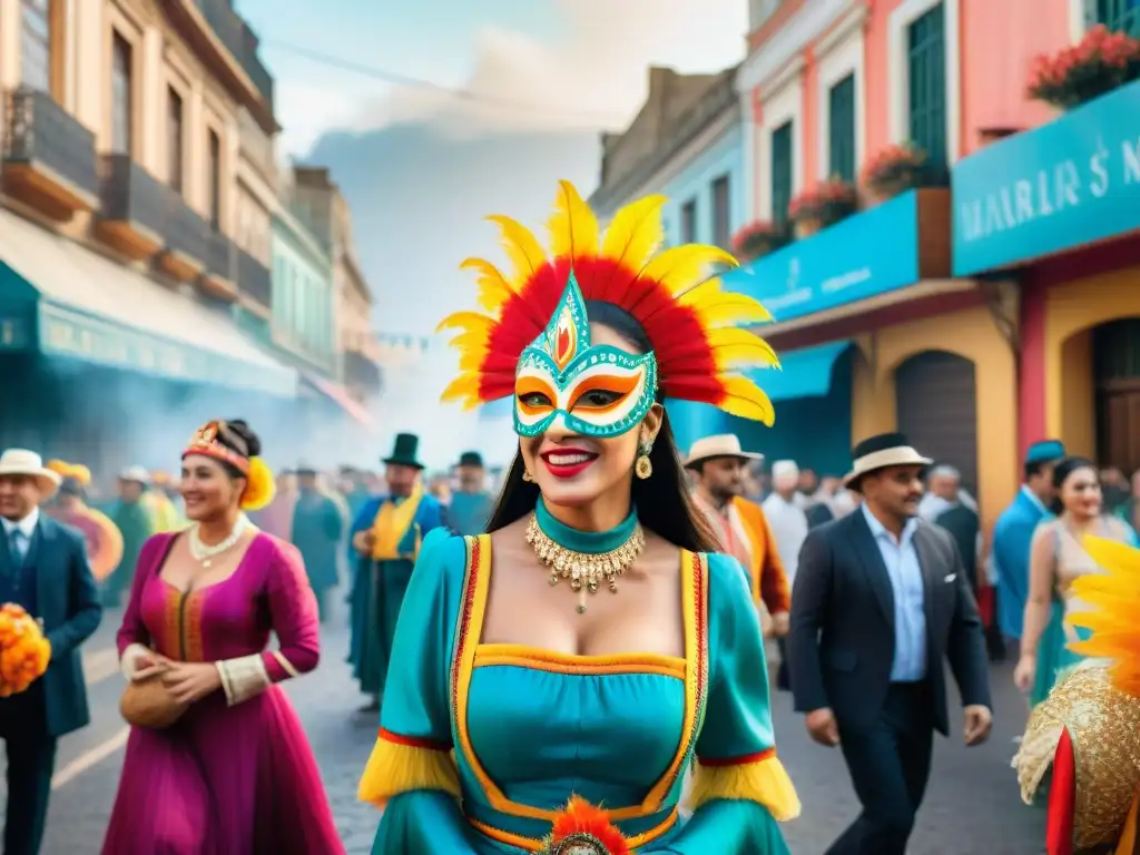 Colorido Carnaval en Montevideo: danza, música y tradición Vibrante ilustración acuarela de Carnaval en Montevideo, con trajes coloridos y música animada