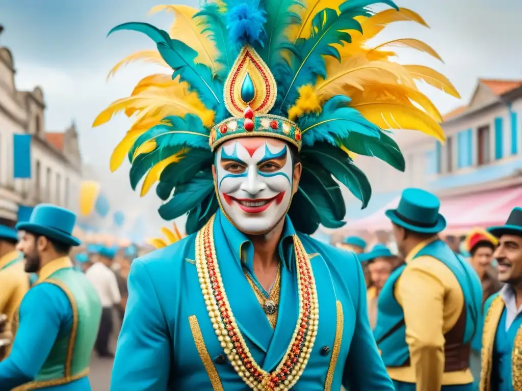 Deslumbrante desfile de carnaval en Uruguay: detallada acuarela vibrante Una vibrante ilustración acuarela del carnaval en Uruguay, con trajes elaborados y colores festivos