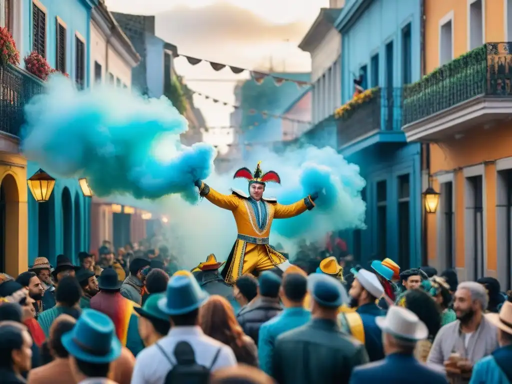Escena colorida del carnaval uruguayo en acuarela Un vibrante carnaval uruguayo en acuarela: calles llenas de color, música y energía