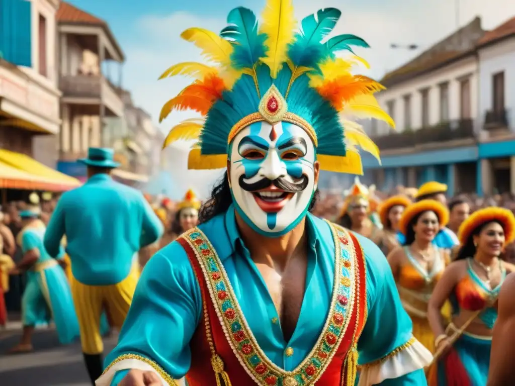 Desfile de Carnaval en Uruguay: colorido y energía Un vibrante Carnaval uruguayo en acuarela: decoraciones coloridas, músicos, espectadores y energía festiva