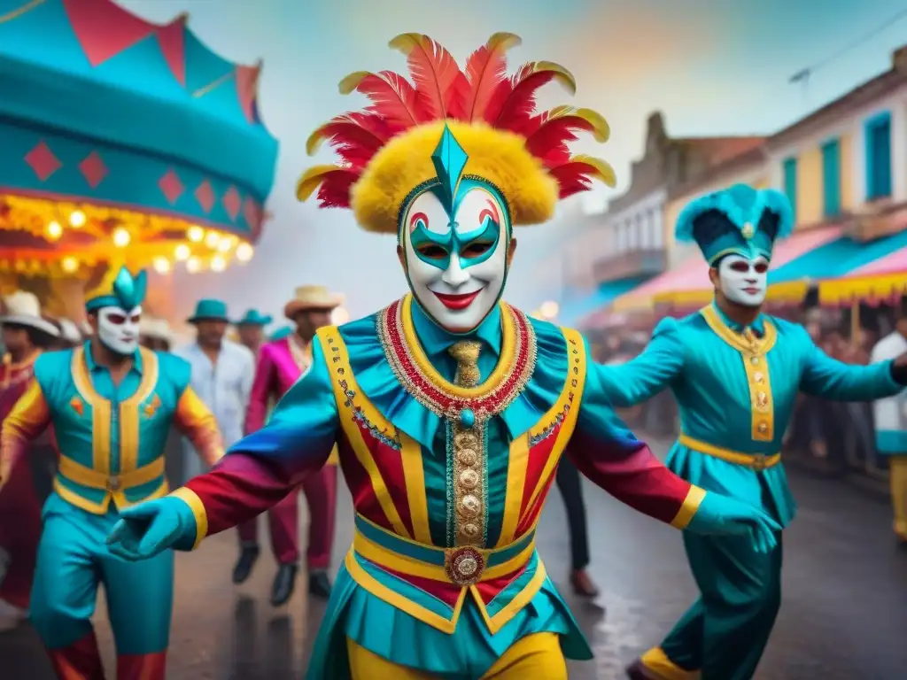 Carnaval uruguayo: fusión de arte urbano y tradición Vibrante Carnaval Uruguayo: Arte urbano y Graffiti se mezclan en una escena callejera bulliciosa y colorida