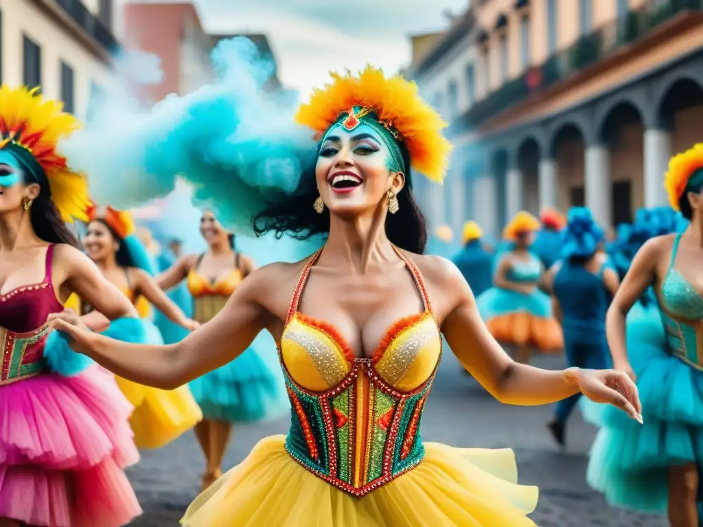 Artistas del Carnaval Uruguayo: Baile, Color y Superfoods Un vibrante Carnaval Uruguayo con artistas energéticos y superalimentos