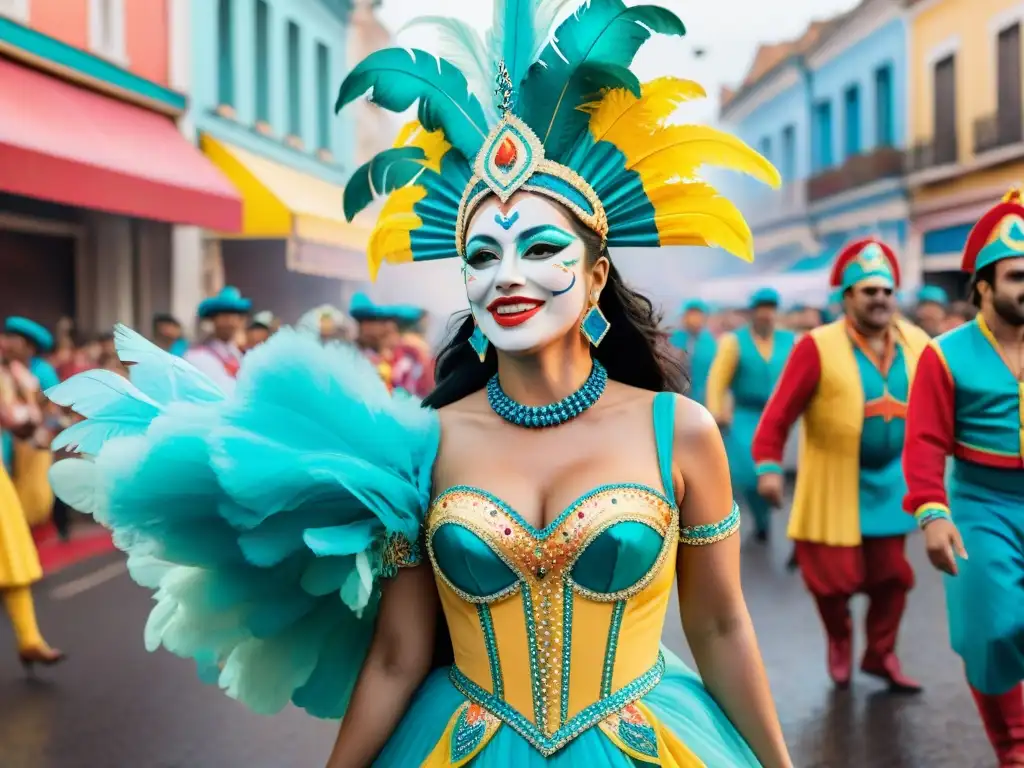 Desfile vibrante de Carnaval en Uruguay Ilustración acuarela vibrante del Carnaval Uruguayo con bailarines coloridos, música alegre y espectadores emocionados