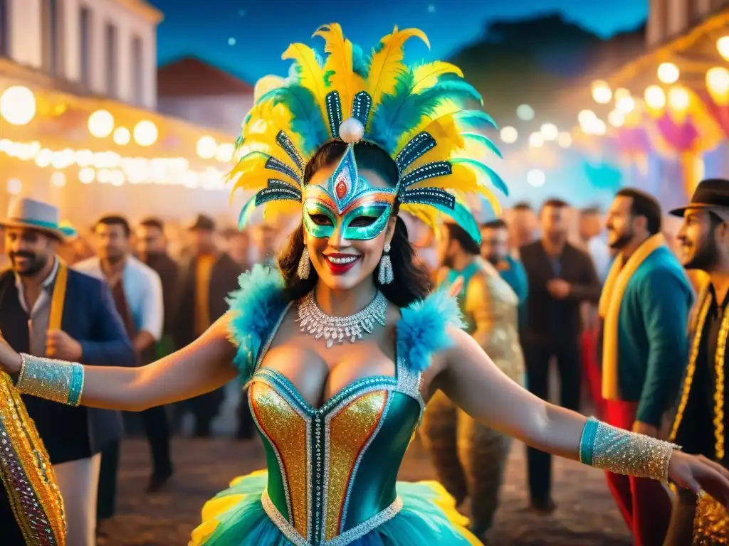 Vibrante Carnaval Uruguayo: Baile, Color y Pasión bajo las Estrellas Un vibrante Carnaval Uruguayo con bailarines coloridos bajo un cielo estrellado
