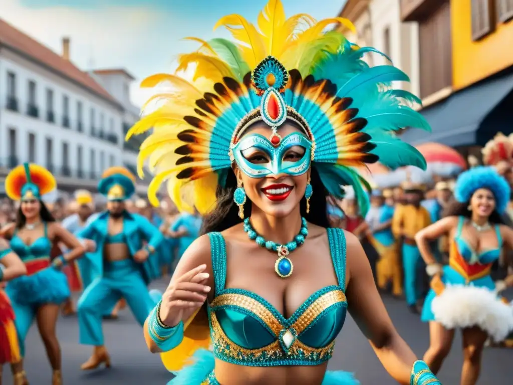 Una vibrante ilustración acuarela del Carnaval Uruguayo con bailarines coloridos en trajes llamativos y máscaras elaboradas