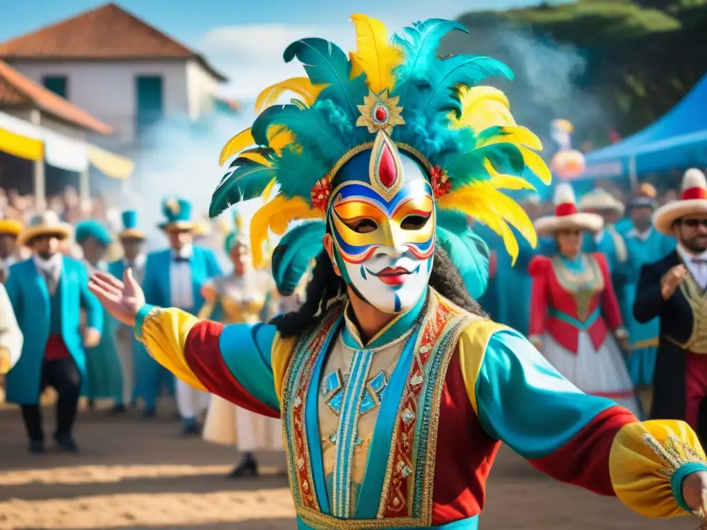 Danza vibrante en el carnaval uruguayo Vibrante Carnaval Uruguayo: bailarines coloridos con máscaras, trajes elaborados y público animado, reflejando la innovación cultural