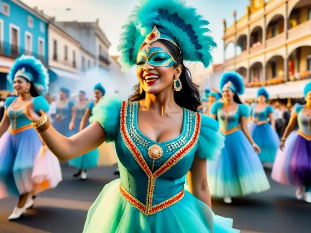 Colorido Carnaval Uruguayo: Danzas y Música en Acuarela Vibrante ilustración acuarela del Carnaval Uruguayo, con bailarines y música festiva