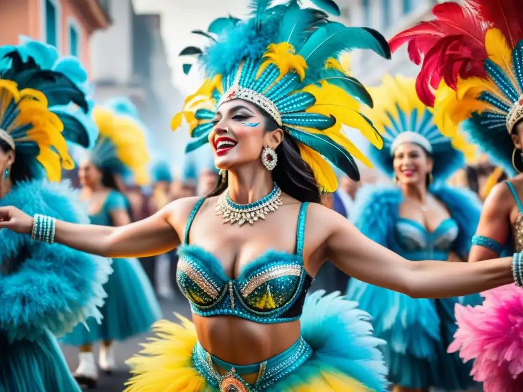 Vibrante Carnaval en Uruguay: danzas y colorido Vibrante Carnaval Uruguayo: bailarines con trajes coloridos y aplausos entre confeti