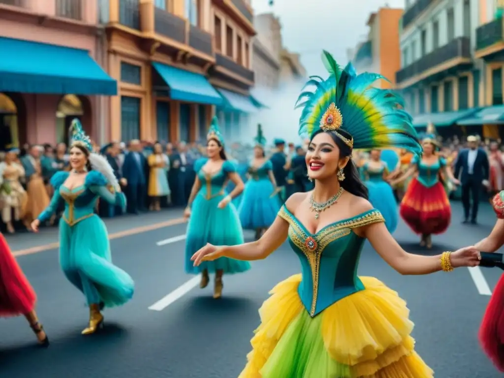 Montevideo en Carnaval: Calles vibrantes y coloridas El vibrante Carnaval Uruguayo en Montevideo: calles rebosantes de desfiles coloridos, bailarines y espectadores disfrutando la festividad