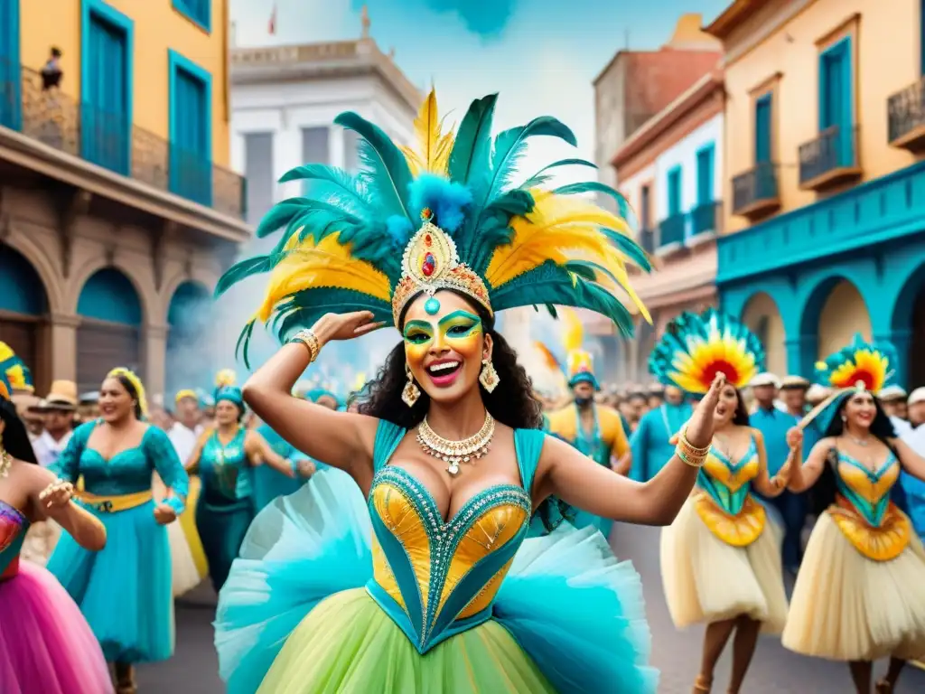 Carnaval Uruguayo: Calle llena de color y energía Vibrante Carnaval Uruguayo: calles bulliciosas con trajes coloridos, máscaras elaboradas y bailarines energéticos