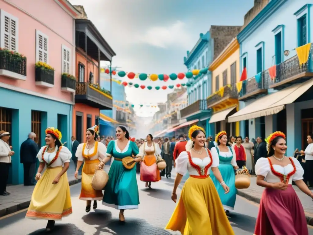 Carnaval en Uruguay: Calle histórica llena de color y alegría Un vibrante Carnaval Uruguayo: calles llenas de coloridos trajes, música alegre y familias disfrutando juntas