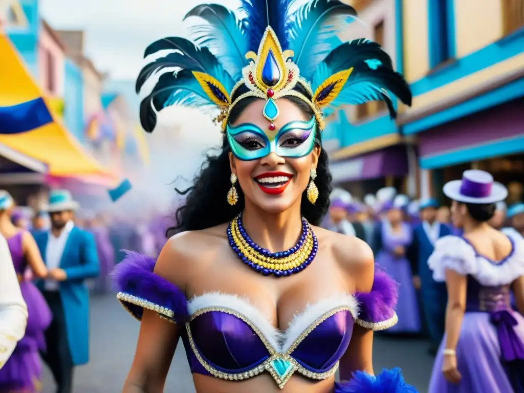 Desfile vibrante del Carnaval Uruguayo: colores y alegría Vibrante ilustración de Carnaval Uruguayo con carrozas, trajes coloridos y bailarines felices