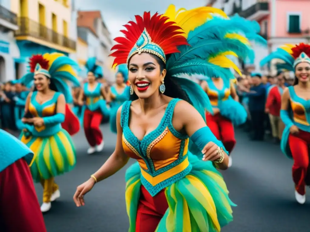 Pintura detallada del vibrante Carnaval en Uruguay Vibrante Carnaval Uruguayo: colores, danza y alegría en desfile festivo