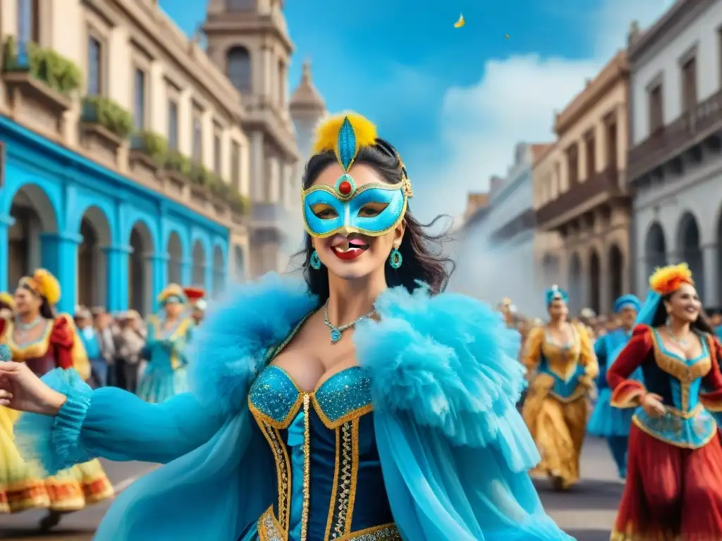 Carnaval Uruguayo: Explosión de color y alegría en las calles Vibrante Carnaval Uruguayo con coloridos trajes, máscaras euforia bailarines y arquitectura histórica