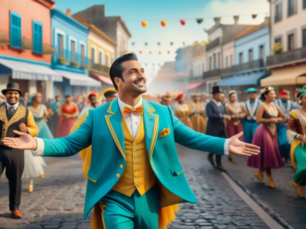 Carnaval Uruguayo: Colorida escena urbana llena de música y baile Vibrante ilustración acuarela del Carnaval Uruguayo con coloridos trajes, música alegre y bailarines energéticos desfilando por calles empedradas