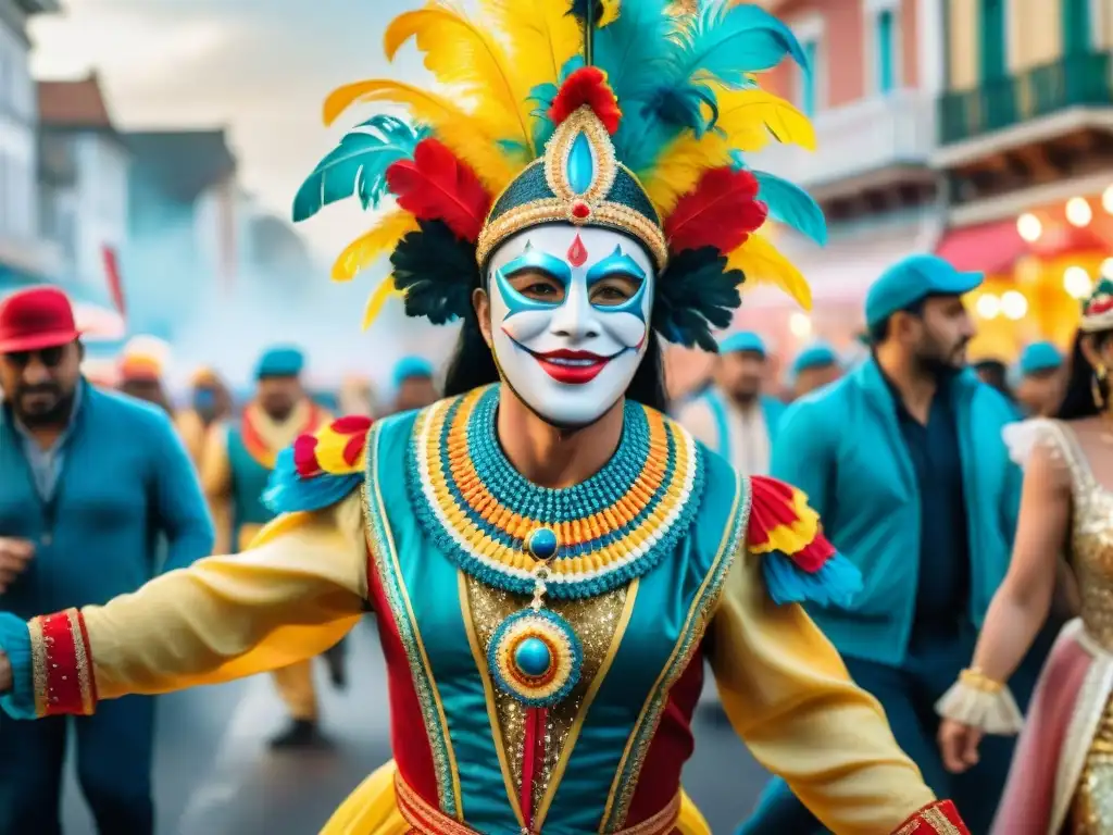 Deslumbrante pintura acuarela de un carnaval uruguayo tradicional Vibrante fotografía del Carnaval Uruguayo con coloridos trajes y alegres bailarines en la calle